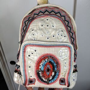 Sam Edelman Womens Boho Rashida Woven Beaded Backpack Leather Strap Beige 13x9x3